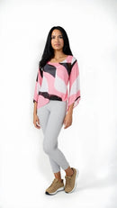 Alfani Petite Printed Bubble Top- Pink Twirl Block, Size XS