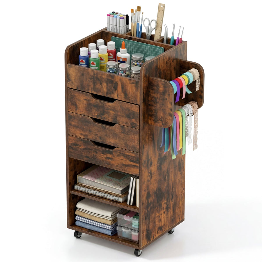Utility Trolley with Open Shelves and 3 Drawers-White