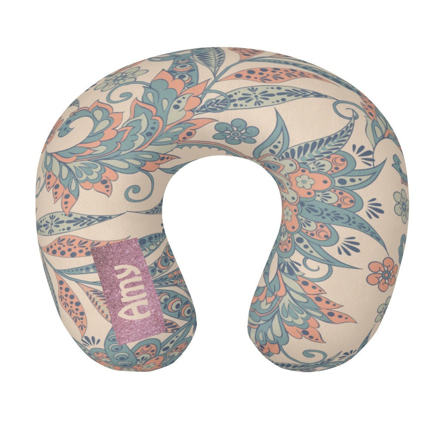 Personalized Paisley Floral Travel Neck Pillow with Name | Memory Foam, Detachable Washable Cover | Custom Boho Gift for Women