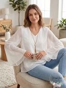 Jm Collection Solid V-Neck Necklace Top, Size Medium