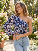 Lulus Boundless Beauty Black Floral Print One-Shoulder Crop Top, Size Large