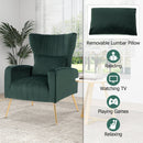 Velvet Upholstered Wingback Chair with Lumbar Pillow and Golden Metal Legs