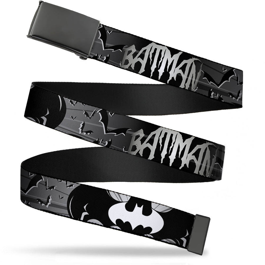 Chrome Buckle Web Belt - BATMAN w/Bat Signals & Flying Bats Black/White Webbing