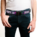 Web Belt Blank Black Buckle - THE JOKER WANTED Smiling Pose and Graffiti Purples/Greens Webbing