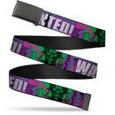 Web Belt Blank Black Buckle - THE JOKER WANTED Smiling Pose and Graffiti Purples/Greens Webbing