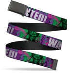 Web Belt Blank Black Buckle - THE JOKER WANTED Smiling Pose and Graffiti Purples/Greens Webbing