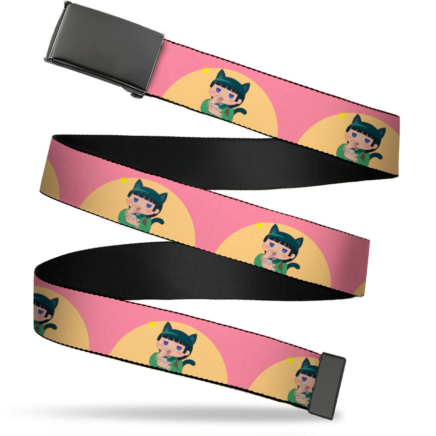 Web Belt Blank Black Buckle - The Apothecary Diaries Chibi Maomao Cat Pose Pink/Yellow Webbing