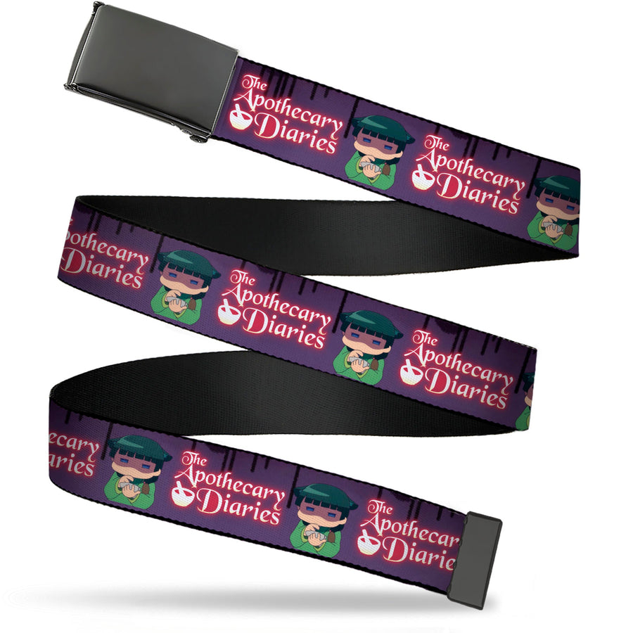Web Belt Blank Black Buckle - THE APOTHECARY DIARIES Chibi Maomao Pose and Title Logo Purple Webbing