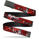 Web Belt Blank Black Buckle - HARLEY QUINN Poses/Comic Book Scenes Reds/Black Webbing