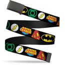 Black Buckle Web Belt - Justice League Superhero Logos CLOSE-UP Black Webbing