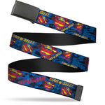 Black Buckle Web Belt - SUPERMAN MAN OF STEEL Shield Collage/Rays Black/Blues/Reds/Yellows Webbing