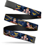 Black Buckle Web Belt - Wonder Woman 3-Poses/WW Logo/Stars Blue/Yellow/White Webbing