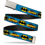 Chrome Buckle Web Belt - Vintage Batman Logo & Bat Signal Blue Webbing