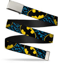 Chrome Buckle Web Belt - Bat Signals Stacked w/CLOSE-UP Blue/Black/Yellow Webbing