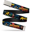 Chrome Buckle Web Belt - Batman & Robin in Action w/Text Burgundy Webbing