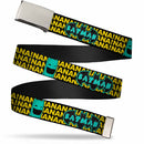 Chrome Buckle Web Belt - Batman Face & Logo Sketch/NANANA! Black/Yellow/Aqua Webbing