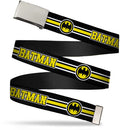 Chrome Buckle Web Belt - BATMAN/Bat Signal Triple Stripe Black/White/Yellow Webbing