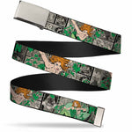 Chrome Buckle Web Belt - POISON IVY Poses/Comic Scenes Grays/Greens Webbing