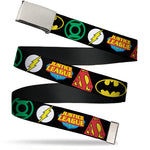 Chrome Buckle Web Belt - Justice League Superhero Logos Black Webbing