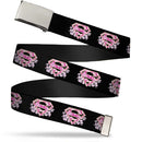 Chrome Buckle Web Belt - Super Shield Hibiscus Design Black/Pink Webbing