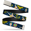 Chrome Buckle Web Belt - Wonder Woman Face/Poses/Logos/Comic Scenes Blues/Yellow Webbing