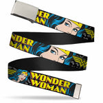 Chrome Buckle Web Belt - WONDER WOMAN w/Face CLOSE-UP Leopard Black/Gray Webbing