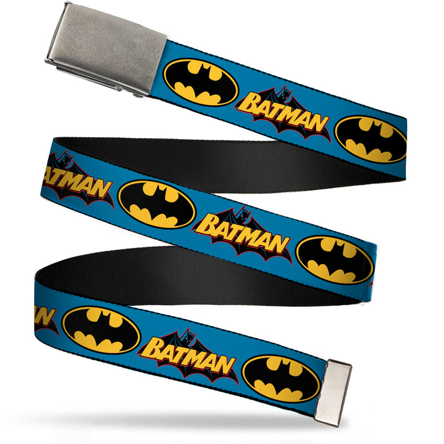 Web Belt Blank Black Buckle - Vintage Batman Logo & Bat Signal Blue Webbing