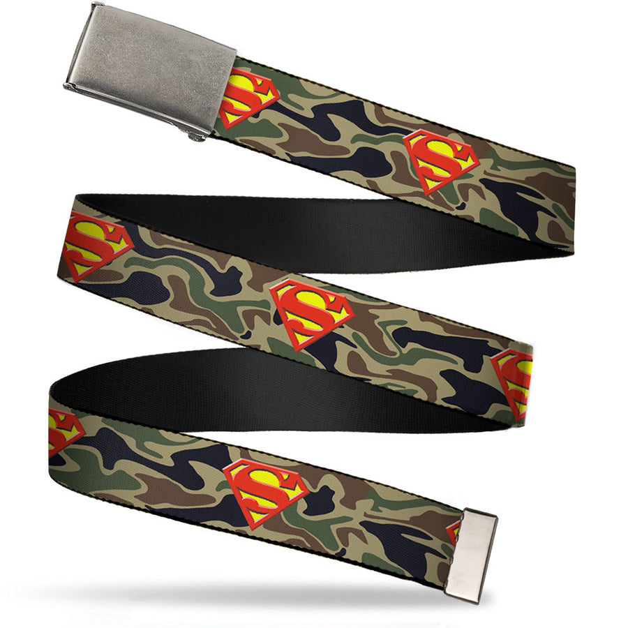Chrome Buckle Web Belt - Superman Shield Camo Olive Webbing