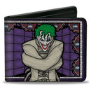 Bi-Fold Wallet - Joker Stained Glass Straitjacket Pose Bat Logo Purples Red Blue White