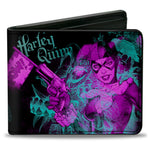 Bi-Fold Wallet - HARLEY QUINN Pow + Aiming Poses Joker Sketch Black Turquoise Fuchsia