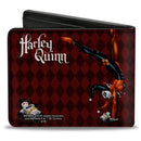 Bi-Fold Wallet - HARLEY QUINN w Batman Voodoo Doll Holding Bomb + Hand Stand Diamonds Reds White