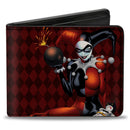 Bi-Fold Wallet - HARLEY QUINN w Batman Voodoo Doll Holding Bomb + Hand Stand Diamonds Reds White