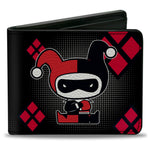 Bi-Fold Wallet - Chibi Harley Quinn Splits Dots Diamonds Black Gray Red