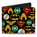 Bi-Fold Wallet - Justice League 6-Superhero Logos Collage Black