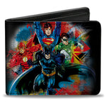 Bi-Fold Wallet - Justice League 4-Superhero Group Pose Splatter + Logo Black Gray Red Multi Color