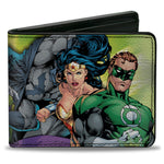 Bi-Fold Wallet - Justice Leage 4-Superheroes and 2-Villains Group Pose2 Glow Burst Greens