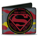 Bi-Fold Wallet - Superman THE ORIGINAL MAN OF STEEL Badge Camo Gray Red Yellow Blue