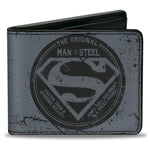 Bi-Fold Wallet - Superman THE ORIGINAL MAN OF STEEL Badge + Quote Weathered Grays Red