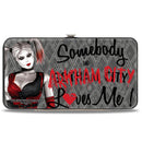 Hinged Wallet - Harley Quinn Pose SOMEBODY IN ARKHAM CITY LOVES ME Diamonds Grays Black Red