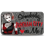 Hinged Wallet - Harley Quinn Pose SOMEBODY IN ARKHAM CITY LOVES ME Diamonds Grays Black Red