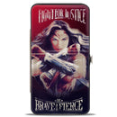 Hinged Wallet - Wonder Woman Deflection Pose FIGHT FOR JUSTICE-BE BRAVE AND FIERCE Weathered Reds/Blues