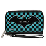 Women's PU Zip Around Wallet Rectangle - BATMAN Bat Logo Close-Up Checker Teal Black