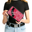 Women's PU Zip Around Wallet Rectangle - Birds of Prey HARLEY QUINN Text Diamond Stars Flowers Pinks Black White