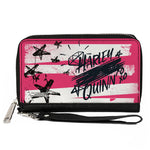 Women's PU Zip Around Wallet Rectangle - Birds of Prey HARLEY QUINN Text Diamond Stars Pinks White Black