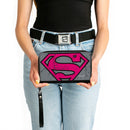 Women's PU Zip Around Wallet Rectangle - Superman Shield CLOSE-UP Weathered Grays Black Pink