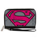 Women's PU Zip Around Wallet Rectangle - Superman Shield CLOSE-UP Weathered Grays Black Pink