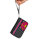 Women's PU Zip Around Wallet Rectangle - Superman Shield Americana Stripes Gray Black Pinks Yellow