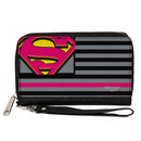 Women's PU Zip Around Wallet Rectangle - Superman Shield Americana Stripes Gray Black Pinks Yellow