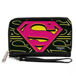 Women's PU Zip Around Wallet Rectangle - Superman Shield CLOSE-UP Outlines Black Yellow Orange Hot Pink