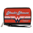 Women's PU Zip Around Wallet Rectangle - WONDER WOMAN Script Logo Striping Red Navy Pink White